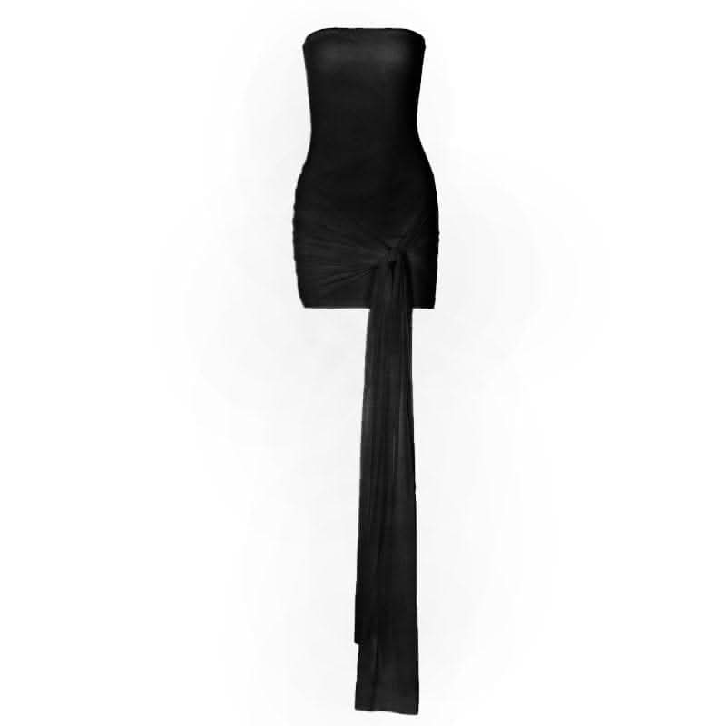 Backless ruched mesh self tie solid tube mini dress-final-sale