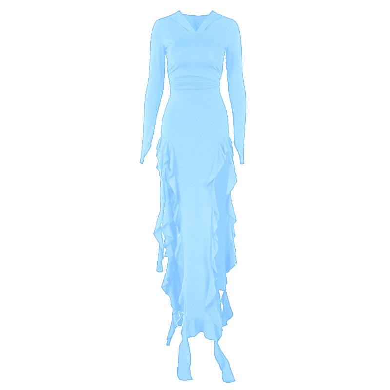 Long sleeve hoodie gloves ruffle maxi dress