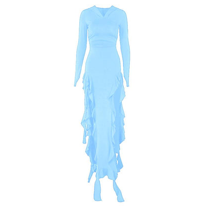 Long sleeve hoodie gloves ruffle maxi dress