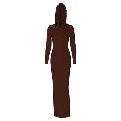 Hooded Long Sleeve Cowl Neck Side Slit Bodycon Maxi Dress