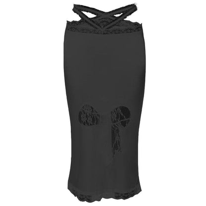 Lace patchwork cross back chiffon solid midi skirt