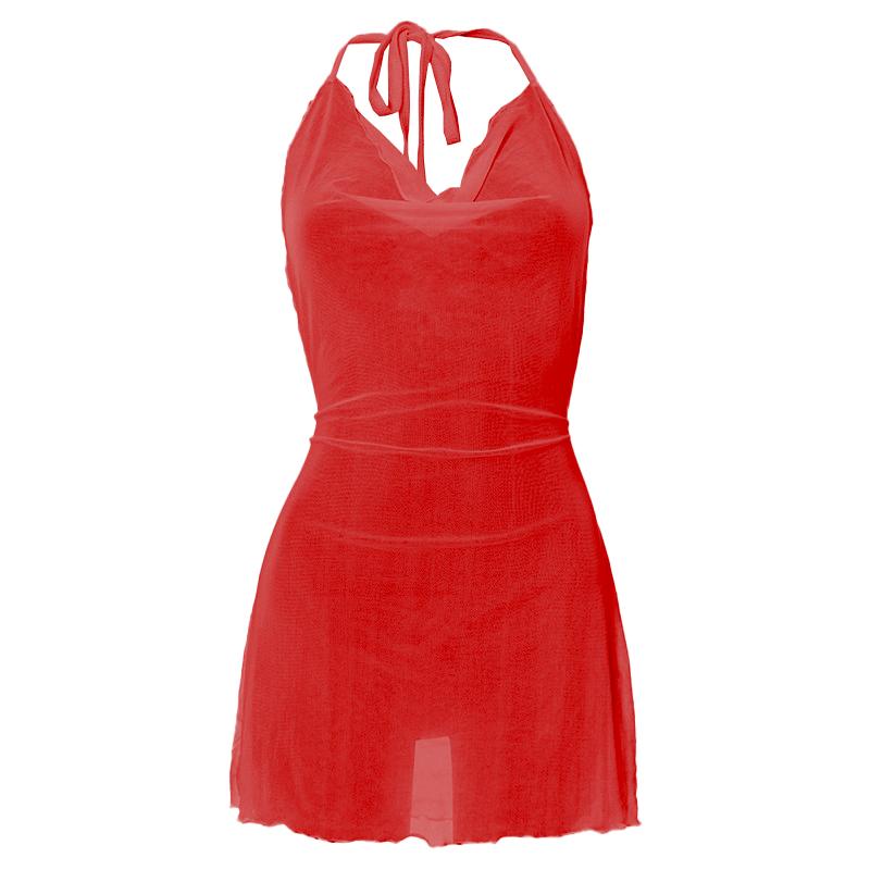 Halter cowl neck sheer mesh ruffle mini dress