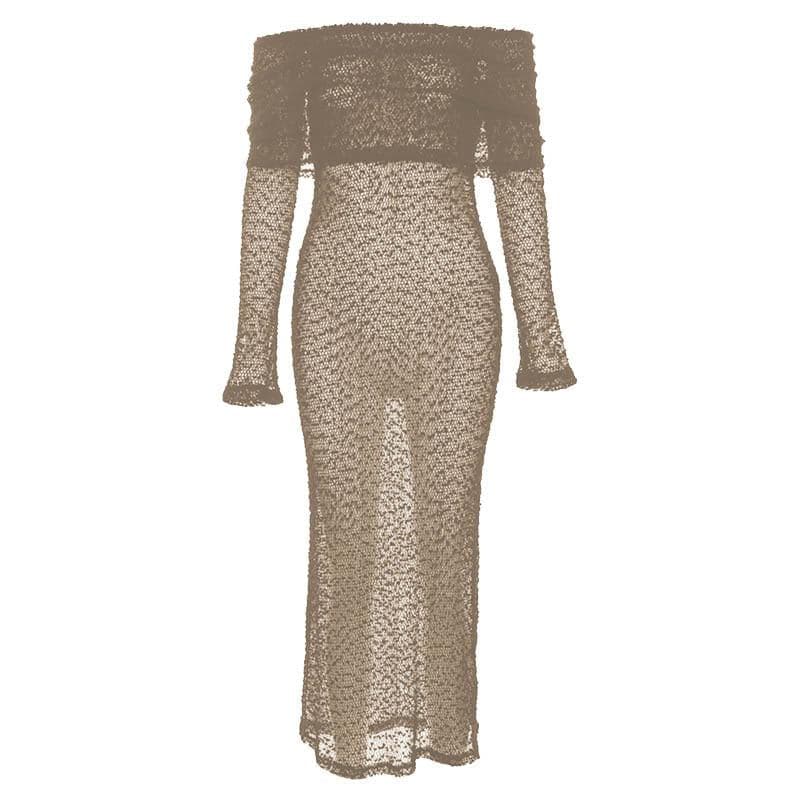 Off Shoulder Crochet Mesh Long Sleeve Bodycon Maxi Dress