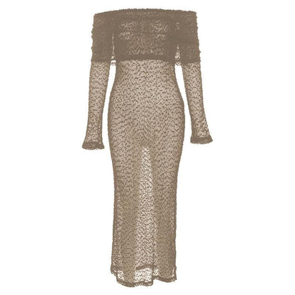 Off Shoulder Crochet Mesh Long Sleeve Bodycon Maxi Dress