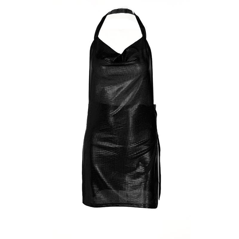 Halter cowl neck metallic high slit backless mini dress
