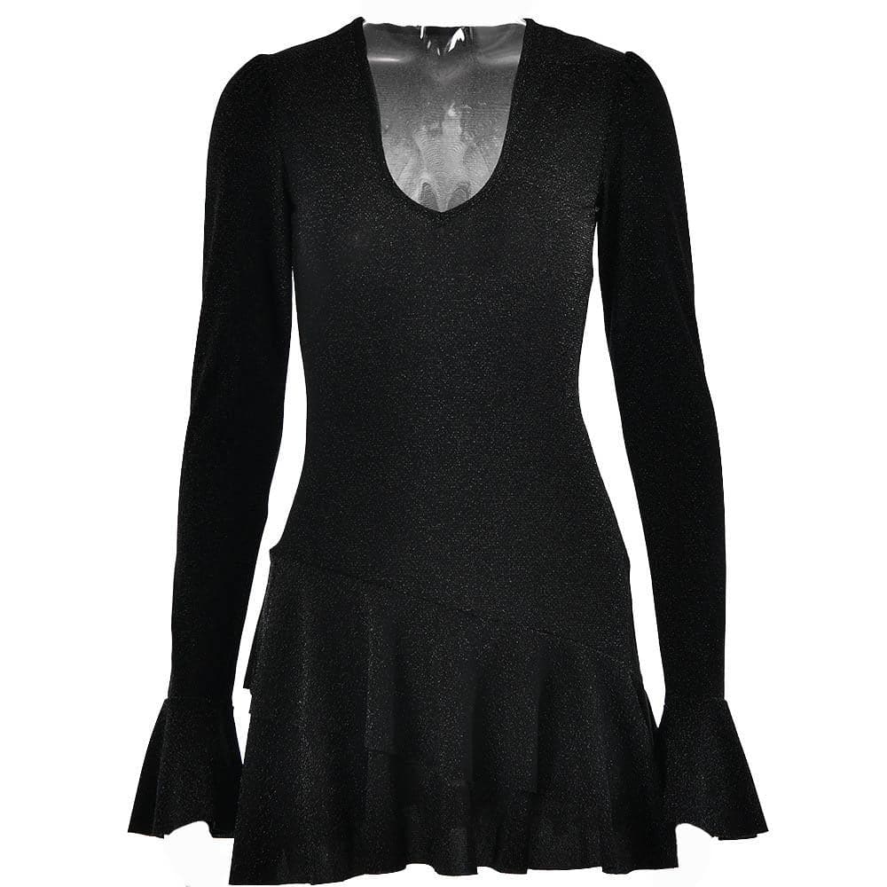 Glitter Deep V Bell Sleeve Tiered Ruffle Hem Mini Dress