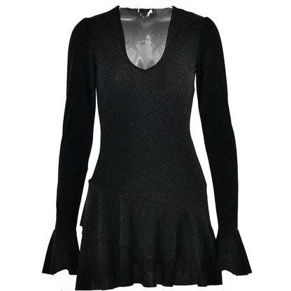 Glitter Deep V Bell Sleeve Tiered Ruffle Hem Mini Dress