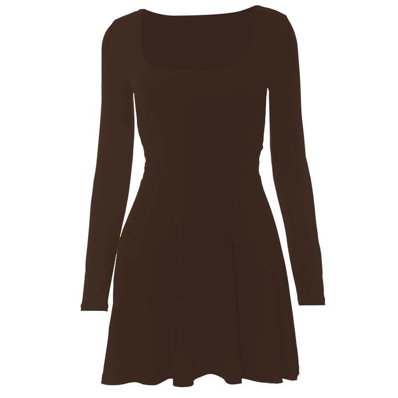 Square Neck Long Sleeve Lace Up Flared Skater Mini Dress