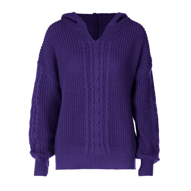 Hoodie long sleeve knitted solid v neck top-final-sale