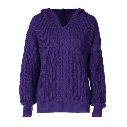 Hoodie long sleeve knitted solid v neck top-final-sale