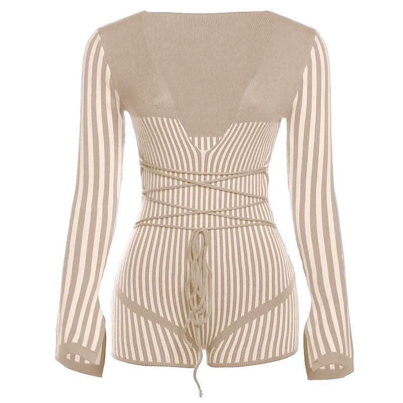 Slit long sleeve deep V neck striped self tie romper
