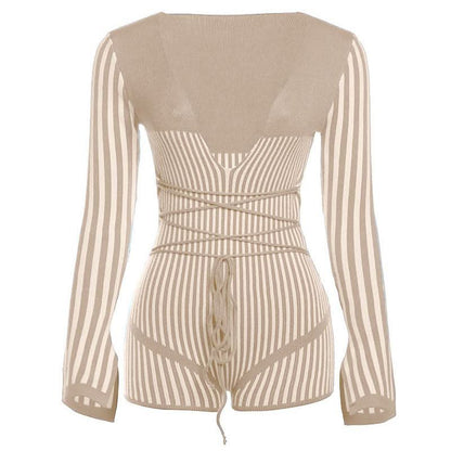 Slit long sleeve deep V neck striped self tie romper