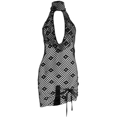 Halter knitted fishnet see through irregular mini dress