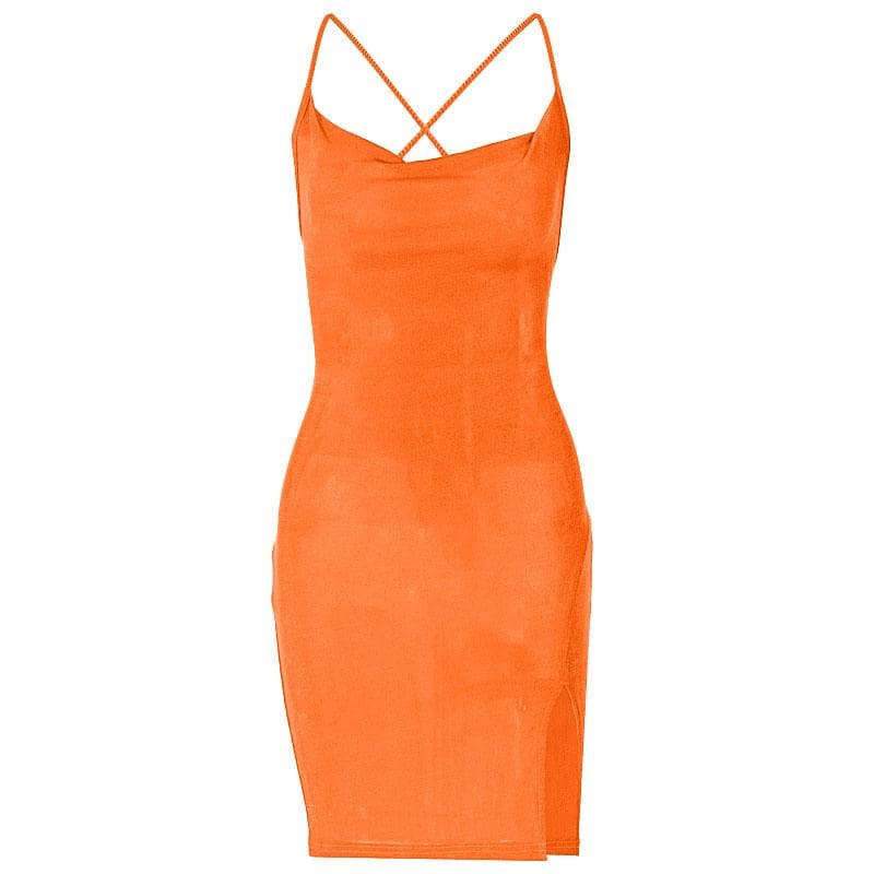 Cowl Neck Spaghetti Strap Side Slit Backless Bodycon Mini Dress