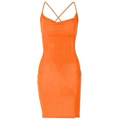 Cowl Neck Spaghetti Strap Side Slit Backless Bodycon Mini Dress