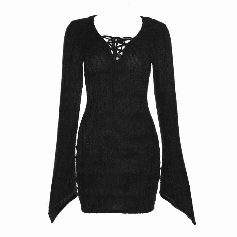 V-Neck Lace-Up Flared Bell Sleeve Fuzzy Knit Bodycon Mini Dress
