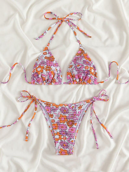 Ruched halter contrast flower pattern self tie bikini swimwear