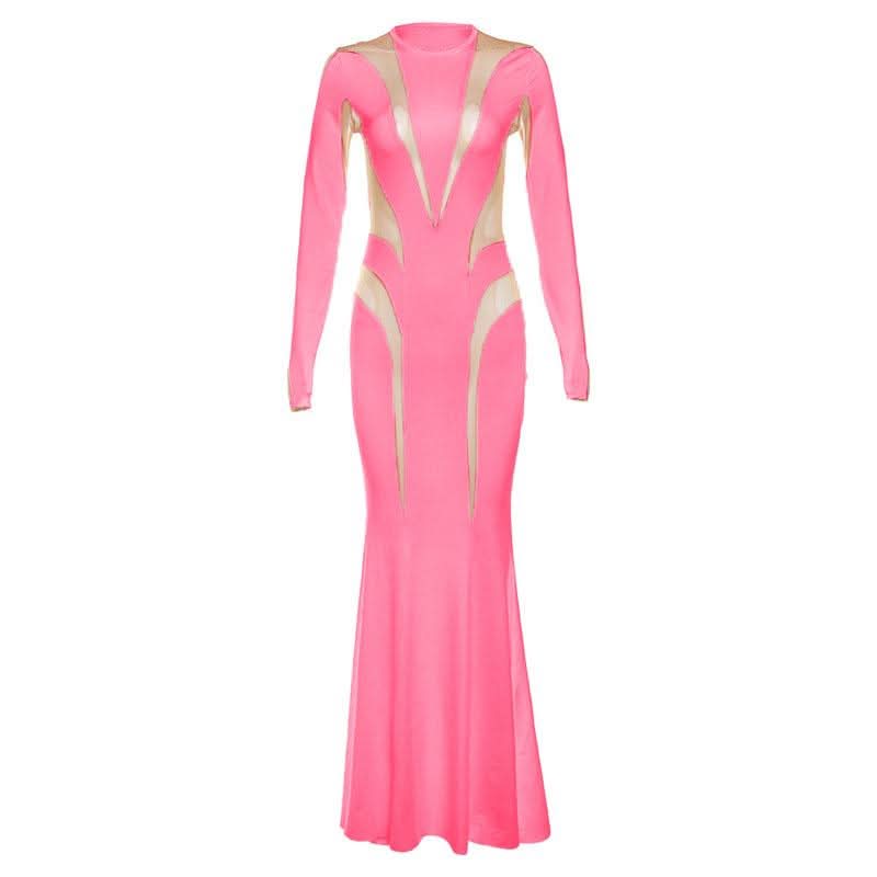 Crewneck long sleeve mesh patchwork maxi dress-final-sale