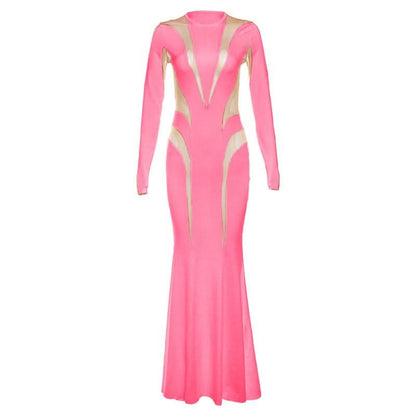 Crewneck long sleeve mesh patchwork maxi dress-final-sale