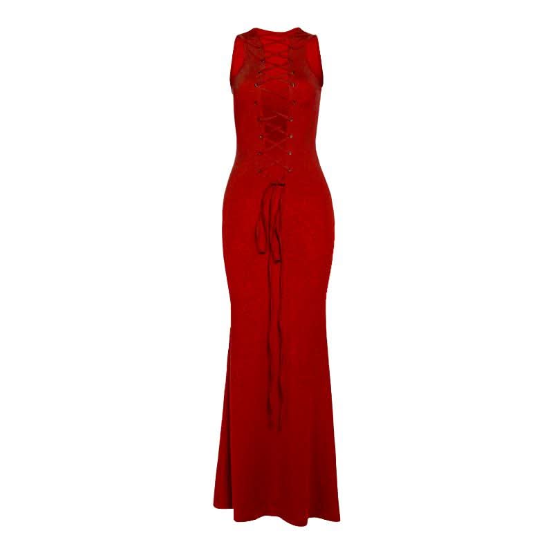 Deep v neck lace up solid tank maxi dress-final-sale