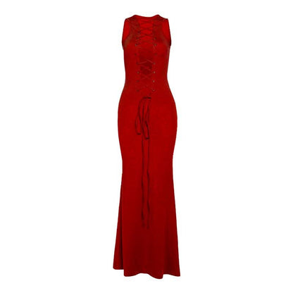 Deep v neck lace up solid tank maxi dress-final-sale