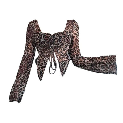 Mesh long sleeve v neck leopard print ruched top