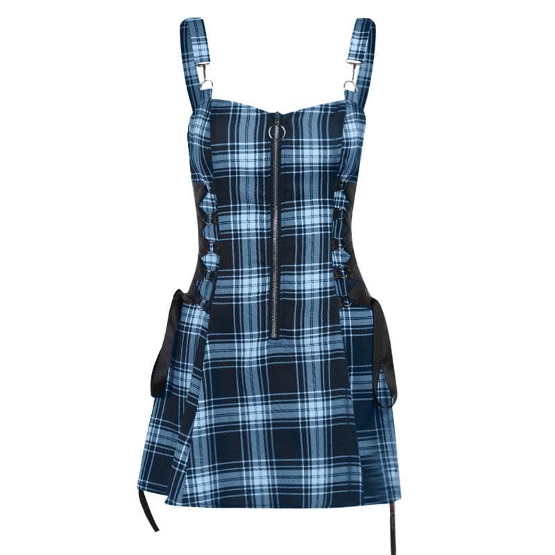 Plaid Print Lace Up Side Tie Spaghetti Strap Mini Dress