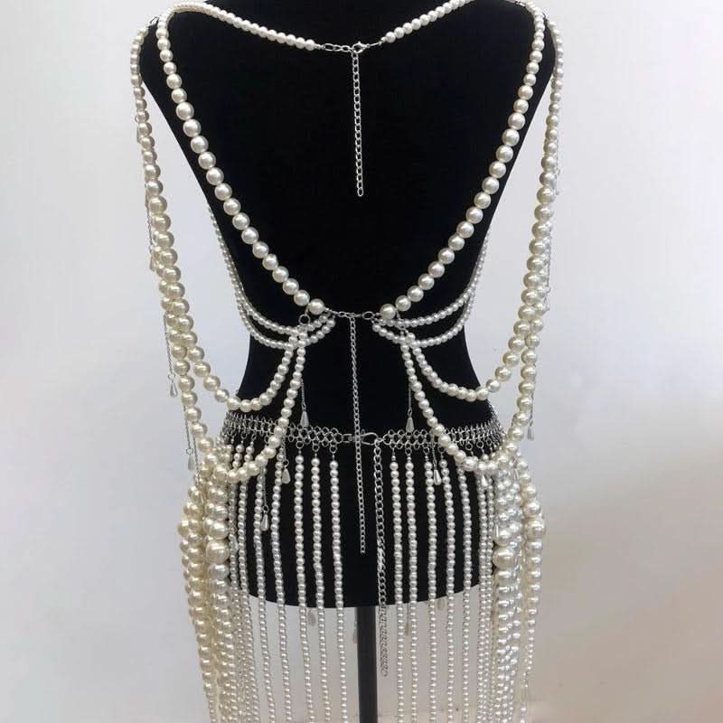 Beaded metal chain hollow out faux pearl cut out top