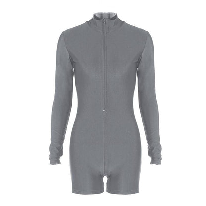 Zip-up solid long sleeve high neck romper