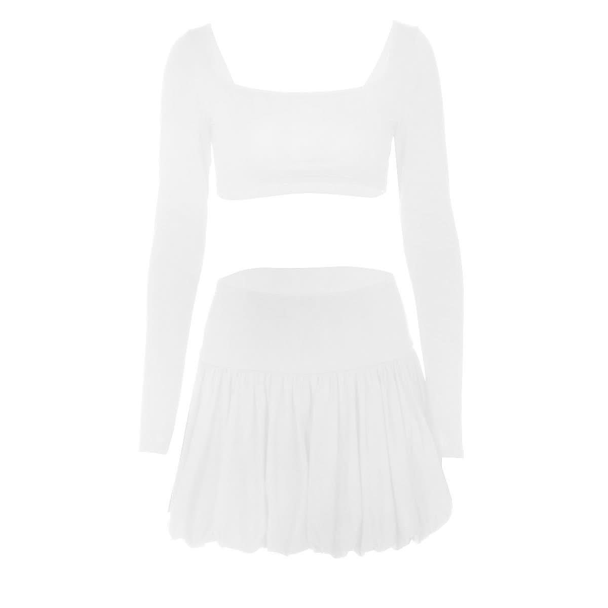 Long sleeve square neck ruched solid mini skirt set