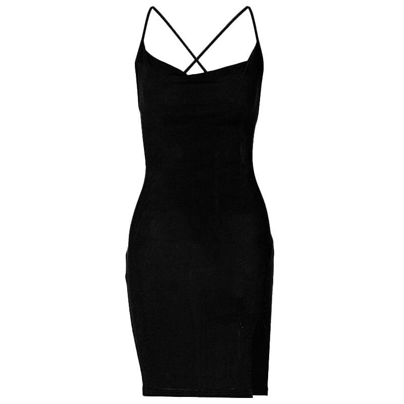 Cowl Neck Spaghetti Strap Side Slit Backless Bodycon Mini Dress