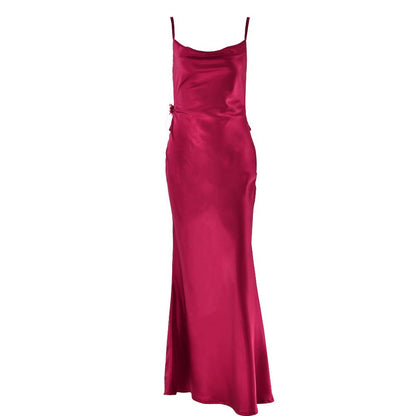 Cowl neck satin flower applique backless cami maxi dress