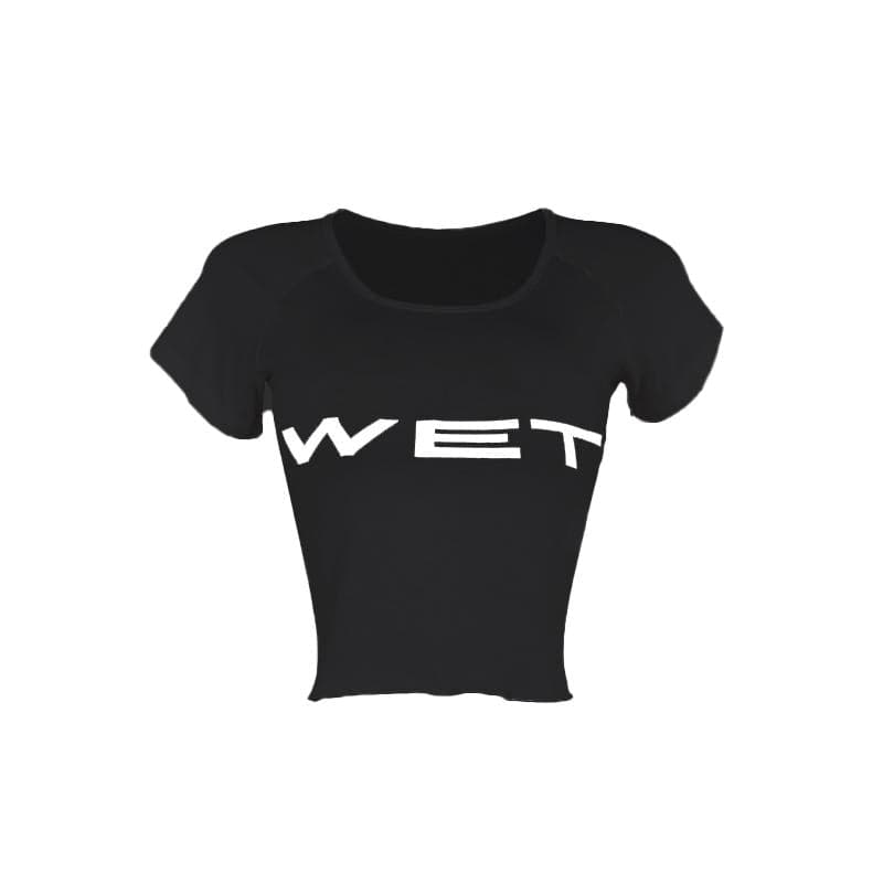 Short sleeve “WET” ruffle u neck top