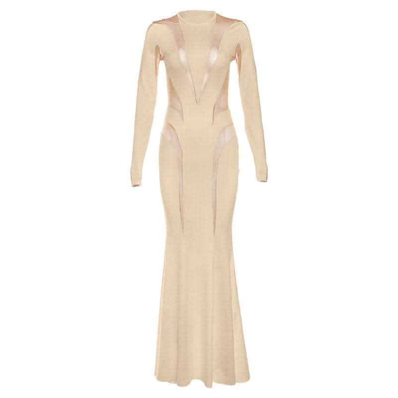 Crewneck long sleeve mesh patchwork maxi dress-final-sale