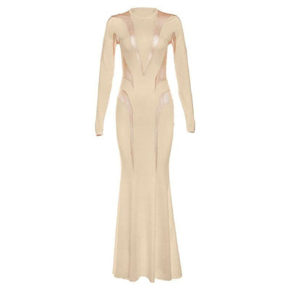 Crewneck long sleeve mesh patchwork maxi dress-final-sale