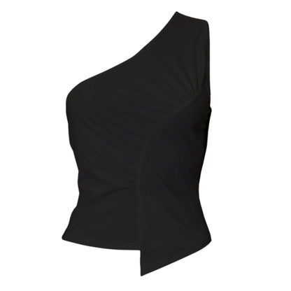 One shoulder ruched irregular solid backless top