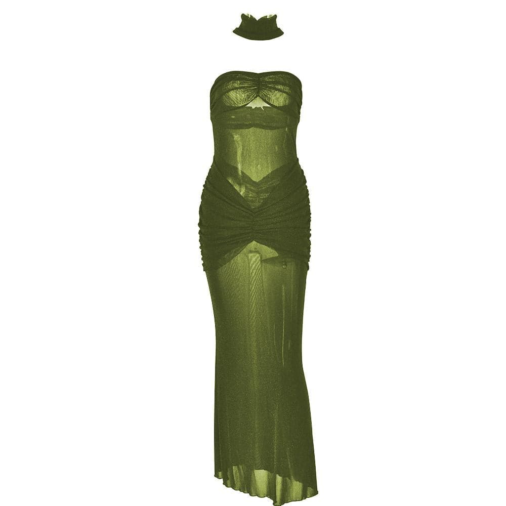 Sweetheart neck ruched see through glitter tube maxi dress