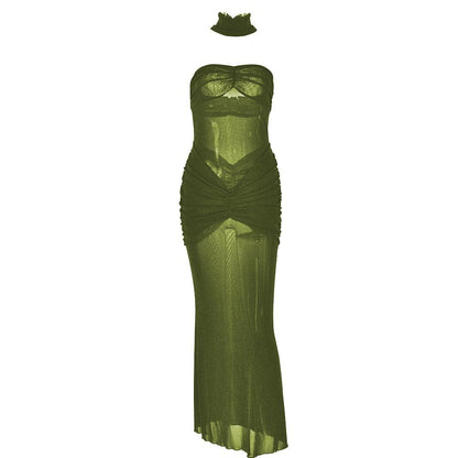 Sweetheart neck ruched see through glitter tube maxi dress