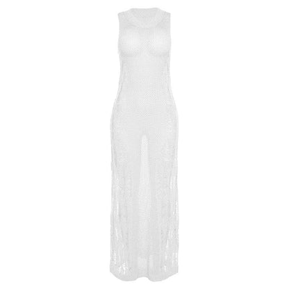 Crochet solid sleeveless see through round neck maxi dress-final-sale