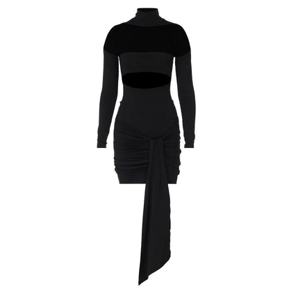 High neck long sleeve ruched hollow out cut out mini dress