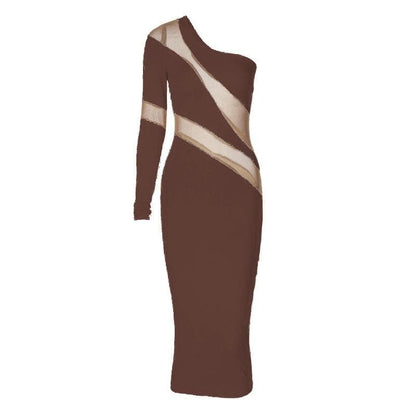 One Shoulder Long Sleeve Mesh Panel Bodycon Midi Dress