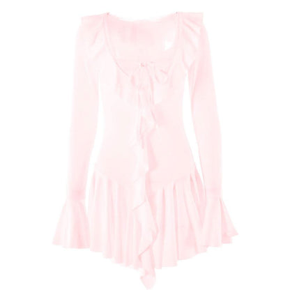Long flared sleeve v neck self tie ruffle mini dress