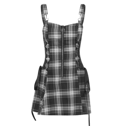 Plaid Print Lace Up Side Tie Spaghetti Strap Mini Dress