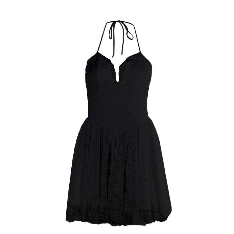 Halter lace up stitch lace backless mini dress