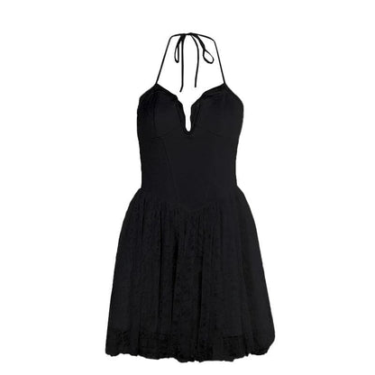 Halter lace up stitch lace backless mini dress