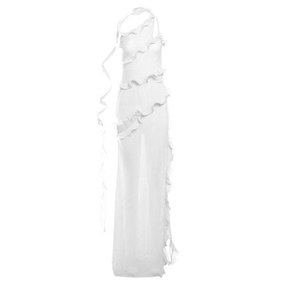 One shoulder ruffle irregular high slit maxi dress