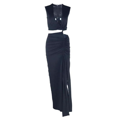 Irregular ruched slit hollow out v neck cut out maxi dress