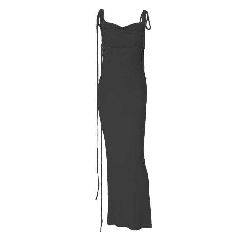 Cowl Neck Lace Up Back Tie Strap Backless Maxi Dress