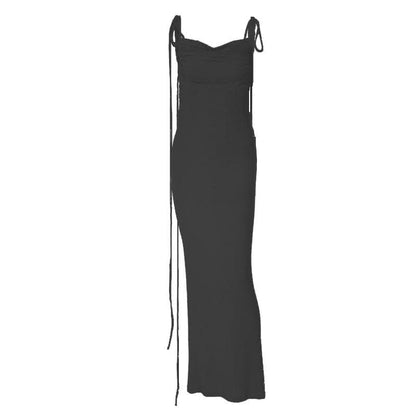 Cowl Neck Lace Up Back Tie Strap Backless Maxi Dress