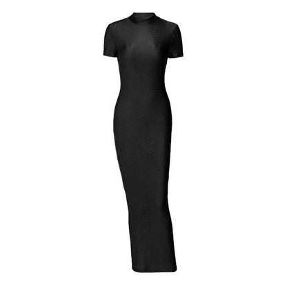 Short sleeve high neck slit solid maxi dress